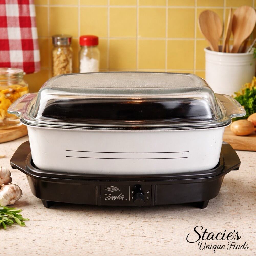 Vintage West Bend Slow Cooker 5 Qt White Black Glass Lid 1–5 Heat